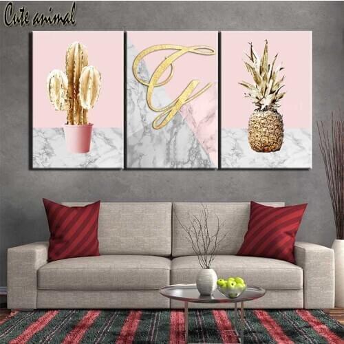 DIY Diamond Painting Diamond mosaic 3 piece abstract golden cactus pineapple Full Square Drill Diamond Embroidery Cross Stitch