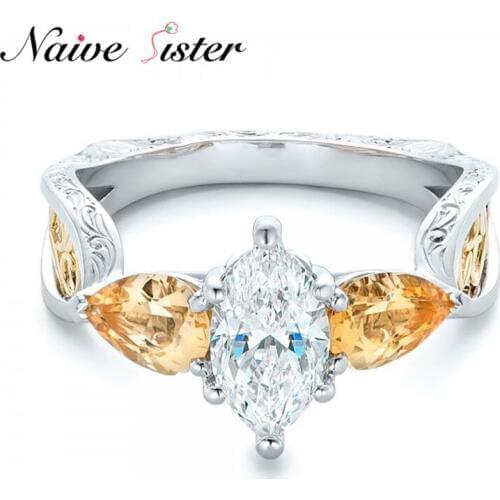 New Two-Tone Engagement Ring Yellow Clear Cubic Zirconia Marquise Stone Romantic Valentines Gift Fashion Love Jewelry Wholesale