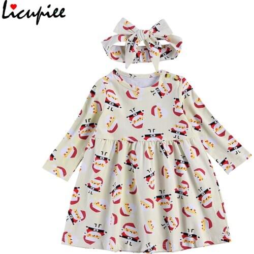 Toddler Girls Round Collar Romper Suit, Baby Long Sleeve Dress, Santa Claus Printing One-piece with Headdress 1-5 Years