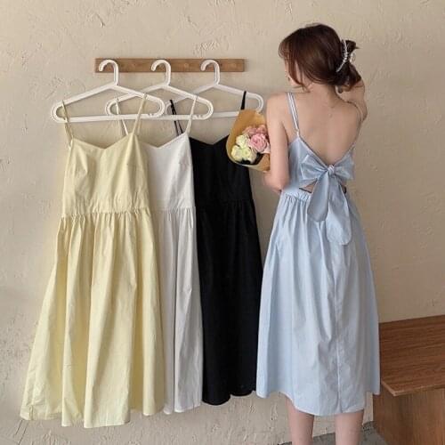 Bow Beach Style A-line Dresses Off Shoulder Spaghetti Strap Hollow Out Dress Backless Summer Sweet Korean Fashion Clothes New