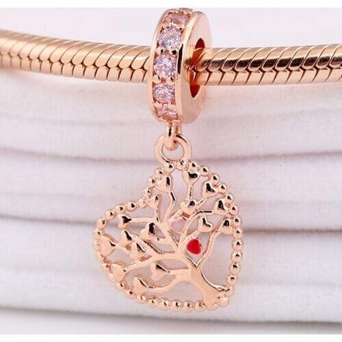 Original Rose Openwork Tree of Love With Crystal Pendant Beads Fit 925 Sterling Silver Charm Bracelet Diy Bangle Jewelry