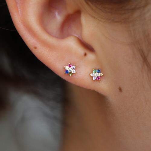 Rainbow colorful flower stud earrings for women girl minimal 5mm multi piercing earbone studs gold color lovely adorable earring
