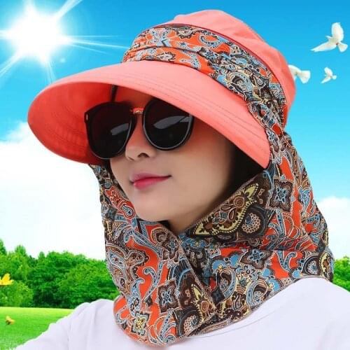 Fashion Women Summer Riding Anti-UV Sun Hat Beach Foldable Sunscreen Floral Print Caps Neck Face Wide Brim Hat Casquette Femme