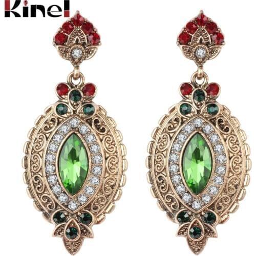 Kinel Hot Vintage Gold Color Rhombus Earrings For Woman Green Rhinestone Long Dangle Earrings Punk Fashion Accessories 2018 New