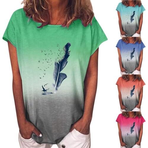 Women Fashion Casual Round Neck Short Sleeve Casual Printed T-Shirt Color-gradient Combination Feathers Birds Printing Shirt