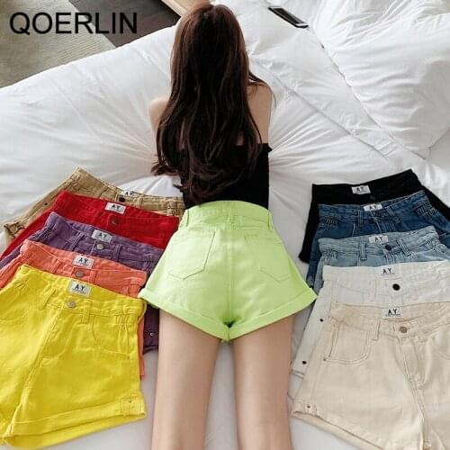 QOERLIN 11 Candy Colors New Summer Women High Waist Button Wig Leg Jeans Shorts Casual Female Loose Fit Blue Denim Shorts Plus