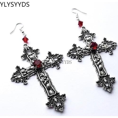 Goth Silver Color Large Detailed Cross Drill Jewel Earrings Tone Gothic Punk Jewellery Halloween Charm Statement Women Gift(Red