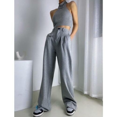 2021 Women Spring Fall New Elastic High Waist Wide-leg Gray Pants Loose Straight Trousers Trend Female Solid Color Jogging Pants