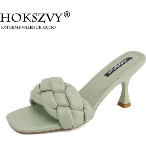 HOKSZVY 2021 Summer Square Head Woven Casual Wear Slippers Straight Open Toe High Heel Sandals Womens Shoes LXL-025jbF8
