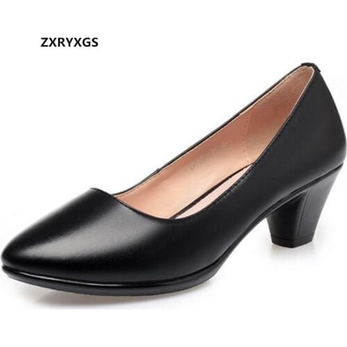 Promotion 2021 Spring New Black Shoes Women Genuine Leather Shoes Comfortable Soft Sole Big Size Work Banquet Shoes High Heels