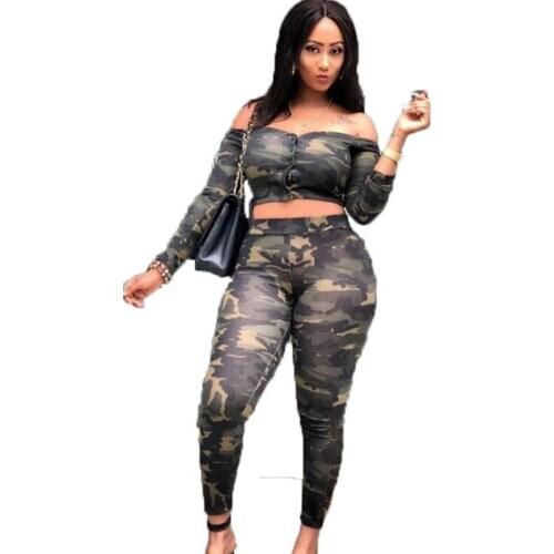 New Casual Camouflage Two Piece Set Women Off The Shoulder Long Sleeve Button Up Crop Top and Pant Sets Military 2 Piece Outfits