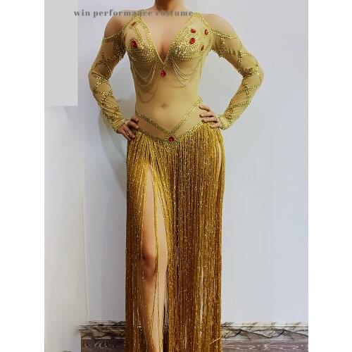 Custom Sexy Mesh Gold Tassel Exotic Indian Dance Long Fringe Bodysuit Bar Prom DS Womens Birthday Celebrate Bar Teams Costume