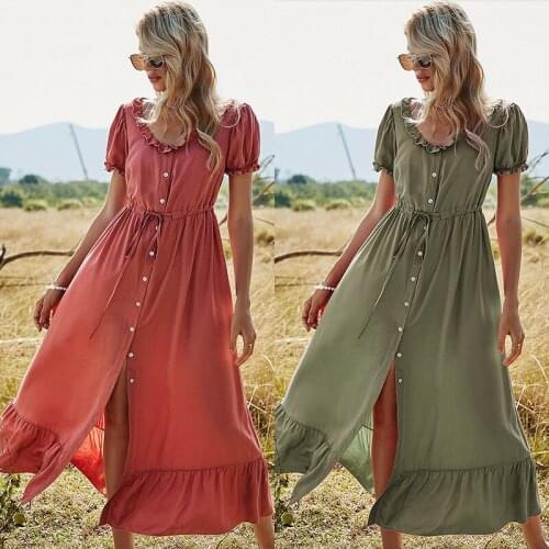 Pure Color Dress Women 2021 New Spring and Summer Womens Single-breasted Round Neck High Waist Long Dress Casual Plus Size