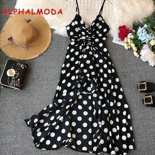 ALPHALMODA Summer 2019 Womens Seaside Resort Dress Polka Dot Trendy Mid-calf Ruffled Bohemian Med-calf Strapless Vestidos