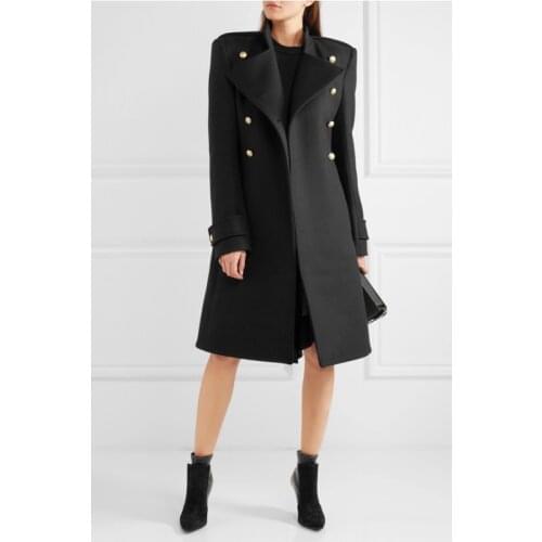 Europe Style Chic Woolen Coat 2019 New Winter Stand Collar Double Breasted Women Overcoat Commute Long Sleeve Black Outwear