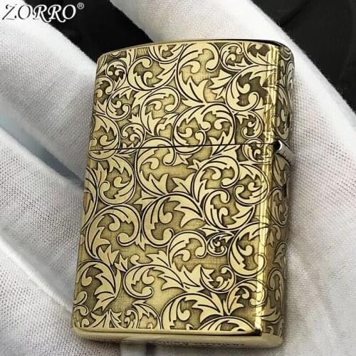Zorro Kerosene Lighter Windproof Pure Copper Carving Grass Cross Pattern Gasoline Lighter Men Gift Smoking Tool