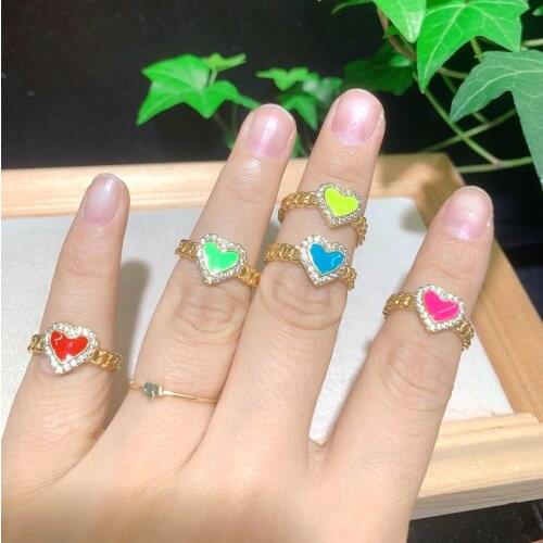 10Pcs Beautiful enamel heart ring gold cz crystal micro pavering fashion design hot selling jewelry wholesale 2021