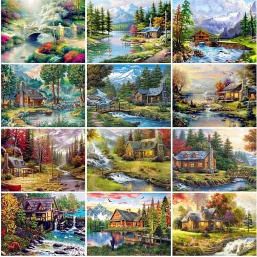 5D DIY Diamond Painting Full Drill Waterfall House Diamond Mosaic Stitch Interior Paintings Art Picture Handicraft Home Decor