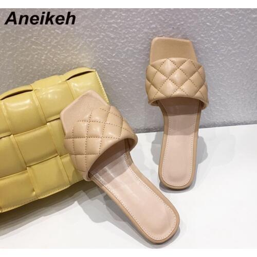 Aneikeh 2020 NEW Brand Square Toe Flat Slippers Weave PU Leather Women Sandal Casual non-slip Shoes Open Toe Summer Outdoor Mule