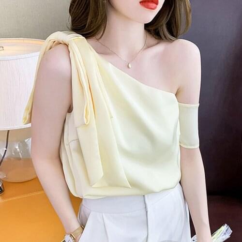 French Blouse for Women 2021 Summer Korean Style Shirts Blusas Female Tops Ladies Bow Skew Collar Chiffon One Shoulder Top 0957
