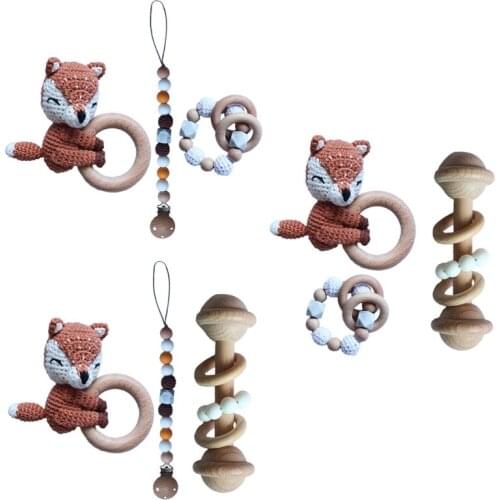 Baby Pacifier Clip Chain Dummy Holder Wooden Teething Bracelet DIY Crochet Animal Teether Infants Rattle Soother Molar Toy Newbo