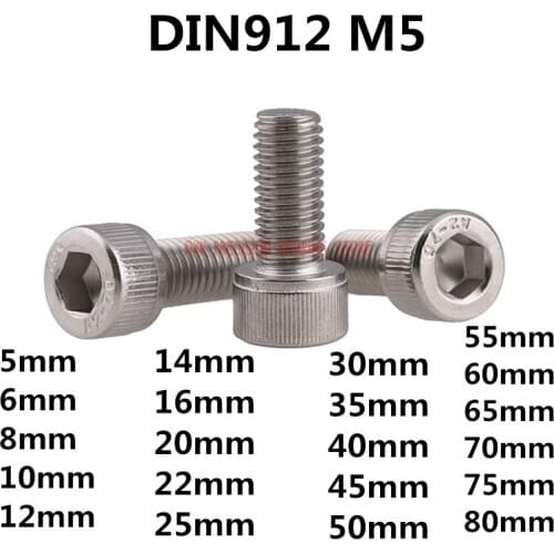DIN912 M5 304 Stainless Steel Metric Thread Hex Socket Head Cap Screw Bolts M5*(5/6/8/10/12/14/16/18/20/22/25/30/35/40/45/50) mm