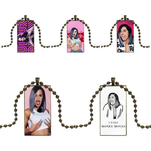 For Women Girls Handmade Glass Cabochon Pendant Necklace Rectangle Fashion Necklace American Rap Singer Cardi B