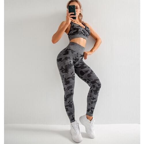 Women Set Camouflage Sports Suits Fitness Sportswear Long Sleeve Crop Top Pants 3 Pcs Suit Seamless Knitting Women Yoga Set