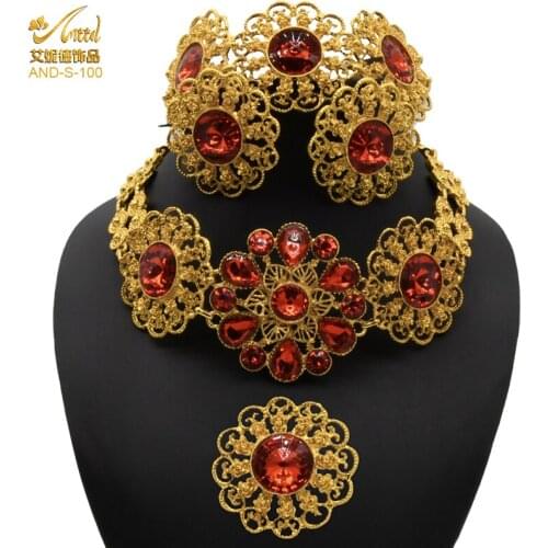 Ethiopian Jewelery Sets Nigerian Traditional Jewelry Necklace Rings For Women 24KGold Pendientes Crystal Bridal And Earrings