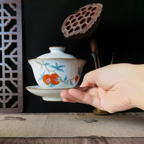 Gaiwan Kung Fu Teacups 5oz Cup and Saucer Set Porcelain Chinese RU YAO Hand-Draw Ceramic Drinking Ware