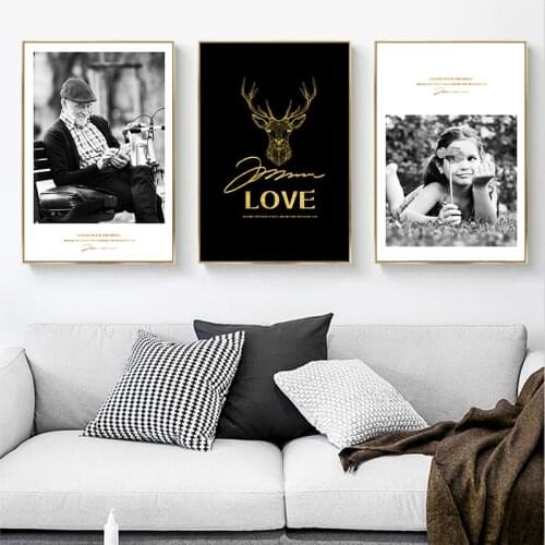 Retro Black White Men Girl Canvas Art Poster Vintage Wall Painting Golden Deer Print Wall Pictures for Living room Home Decor