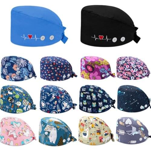 New Cartoon Nurse Hat Working Caps Bouffant Sanitary Hats for Woman with Sweatband Button Nursing Hair Floral Soft Scrub Cap