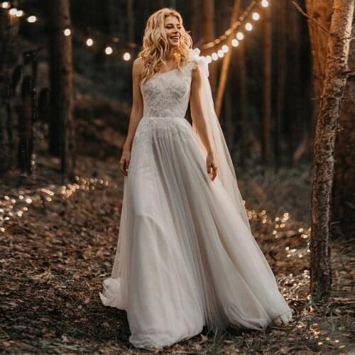 Booma One Shoulder Beach Wedding Gowns Sweep Train Lace Appliques A-Line Bow Sash Boho Bride Dresses obe de soirée de mariage
