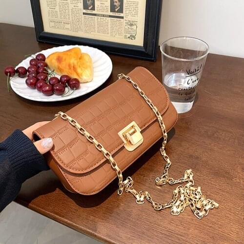 Stone Pattern Retro PU Leather Crossbody Bags For Women Matel Chain Small Shoulder Bag Women Casual Handbags Travel Armpit Purse