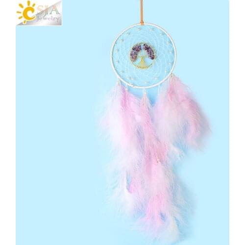 CSJA Tree of Life Hanging Ornament Feather Natural Stone Dream Catcher Weave Beads Home Wall Decor Reiki Fengshui Jewelry G807