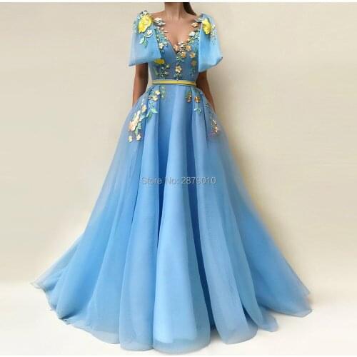 Glamorous Ice Blue A-Line V-Neck Evening Dress Tulle Full-Length Applique Bowknot Prom Party Dress Vestido de festa Dubai Formal