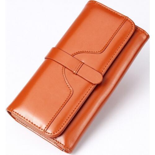 2018 Vintage 100% Oil Wax Leather Wallet Women Brand High Quality Long Ladies Leather Wallets Phone Money Cards