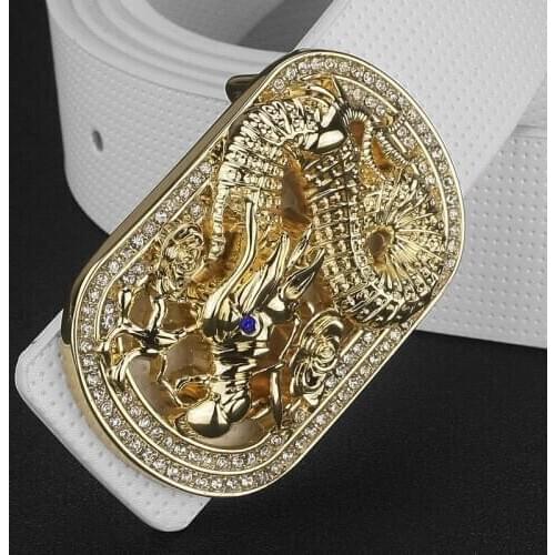 High quality Chinese style dragon golden buckle white belts mens fashion genuine leather famous 3.3cm waist belt casual cowhide