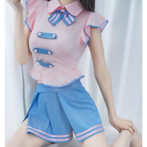 Japanese Sexy Lingerie Uniform Maid Suit Student Cute Contrast Color Buttons Embellished Ruffled Pleated Slit Skirt Uniform Suit