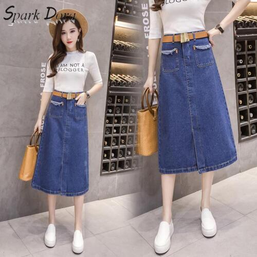 SparkDora Mid Length Denim Skirt Skirt Womens 2020 Spring New Fashion All-around Pocket Slit High Waist A-line Skirt