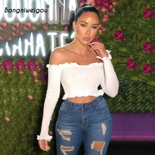 Bangniweigou Sexy Rib Knit Off Shoulder T Shirt Women Autumn Winter Long Sleeve Ruffle Trims Skinny Short Tops White Tshirt