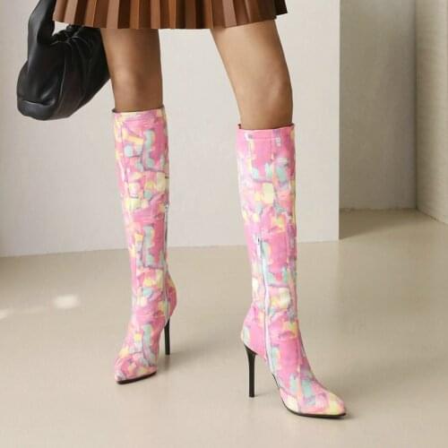 Ladies Fashion Nightclub Knee High Boots Autumn Winter Painted Faux Suede Long Boots Female Sexy Stiletto High Heel Women Shoes