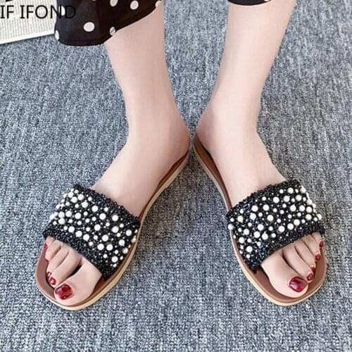 IF IFOND Pearl Flat Slippers Women Outdoor Casual Open Toe Beach Slides Woman Fashion Crystal Designer Sandals Women Luxury 2021