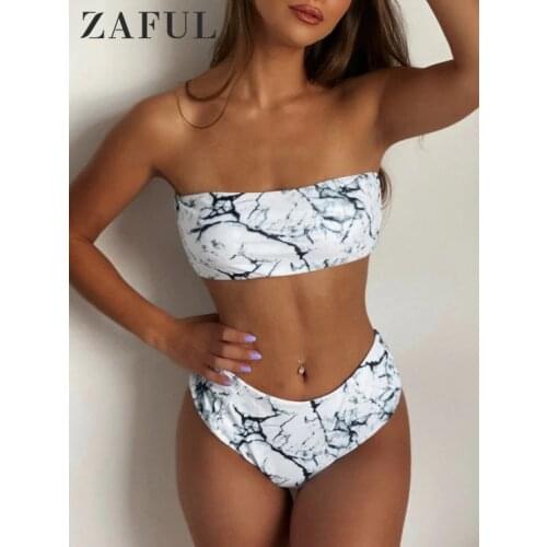 ZAFUL Marble Print Strapless Bikini Set Women High Waist Bandeau Swimsuit Beach Swimwear Summer Sexy Female Padded Bathing Suit