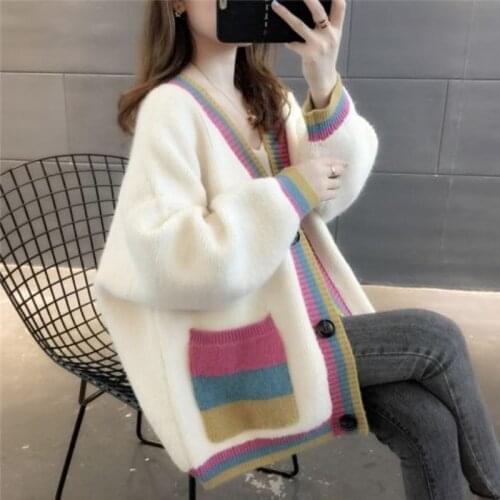 Woman Sweaters Sweater Coat Womens Color Matching Sweater Cardigan Loose Femme Chandails Pull Hiver