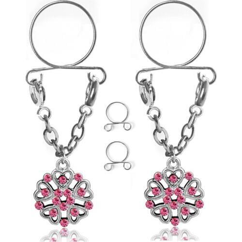 2PCS Non Pierced Clip On Fake Dangle Nipple Ring Flowers Body Jewelry Nipple Rings Shield Cover Heart White Crytal Adjustable