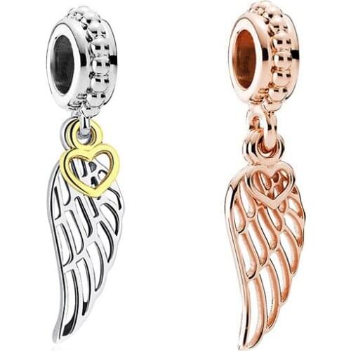 Free Shipping Authentic 925 Sterling Silver Angel Wing & Heart Hanging Charms Fit Original Bracelet For Women DIY Jewelry Beads