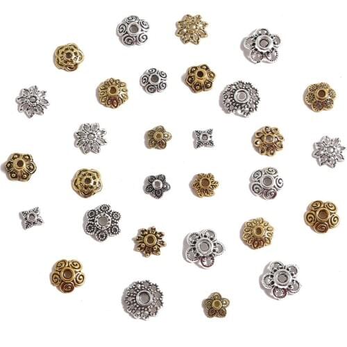 50pcs/lot 6-14mm Antique Gold Silver Color Tibetan Metal Beads Caps Flower Beads End Caps For DIY Jewelry Making Charm Findings