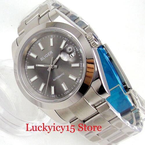 Business Dress Style Grey Dial Sapphire Glass Mental Strap 40mm Auto Date Polished Watch Case