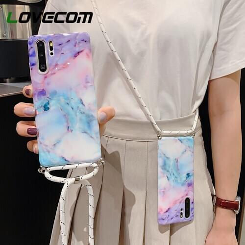 LOVECOM Gradient Marble Hanging Rope Case For Huawei P40 Pro P30 P20 Mate 30 20 Lite With Lanyard Soft IMD Phone Back Cover Gift
